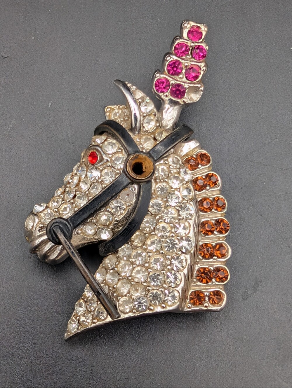 Vintage WEISS 1940s Rhinestone Horse Head Brooch Pin Plume Bridle Figural READ